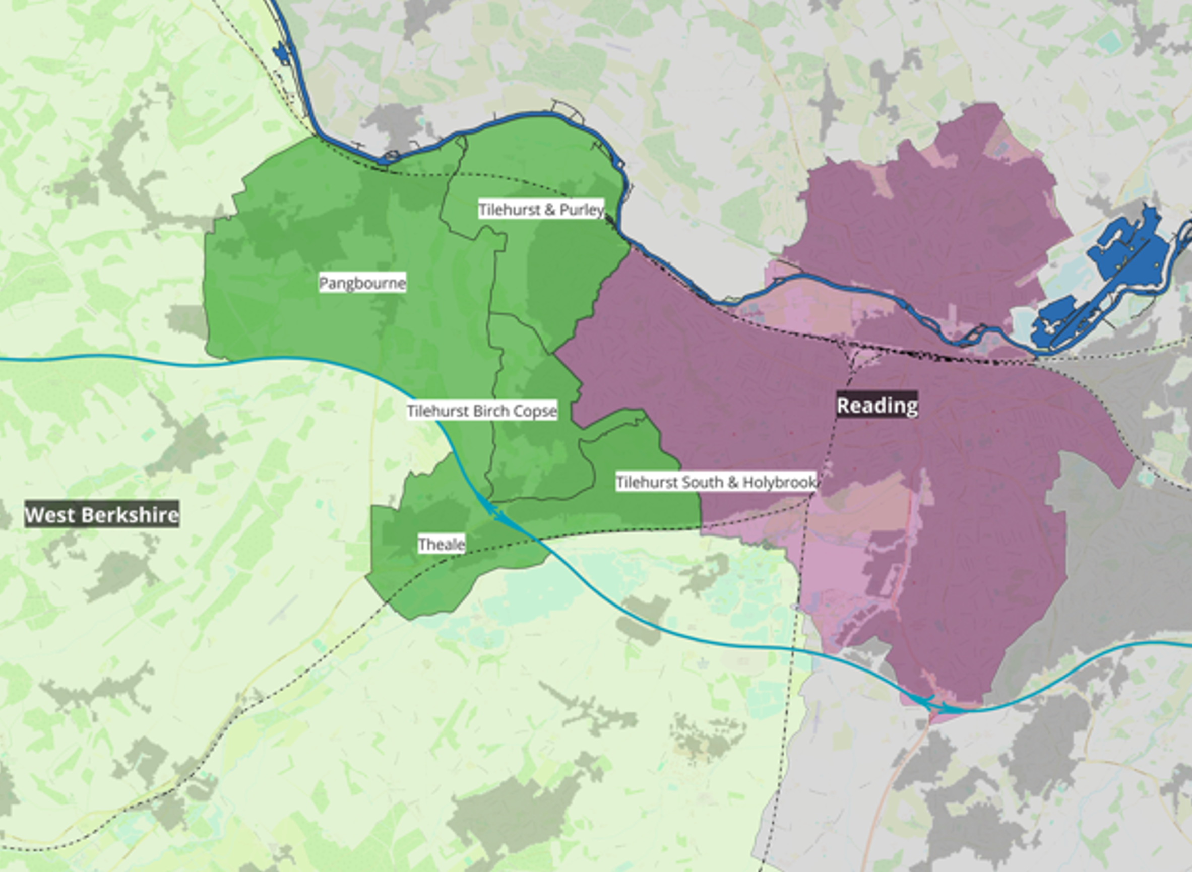 Map showing the area of Reading and West Berkshire wards of Pangbourne, Tilehurst & Purley, Tilehurst Birch Copse, Tilehurst South & Holybrook, and Theale