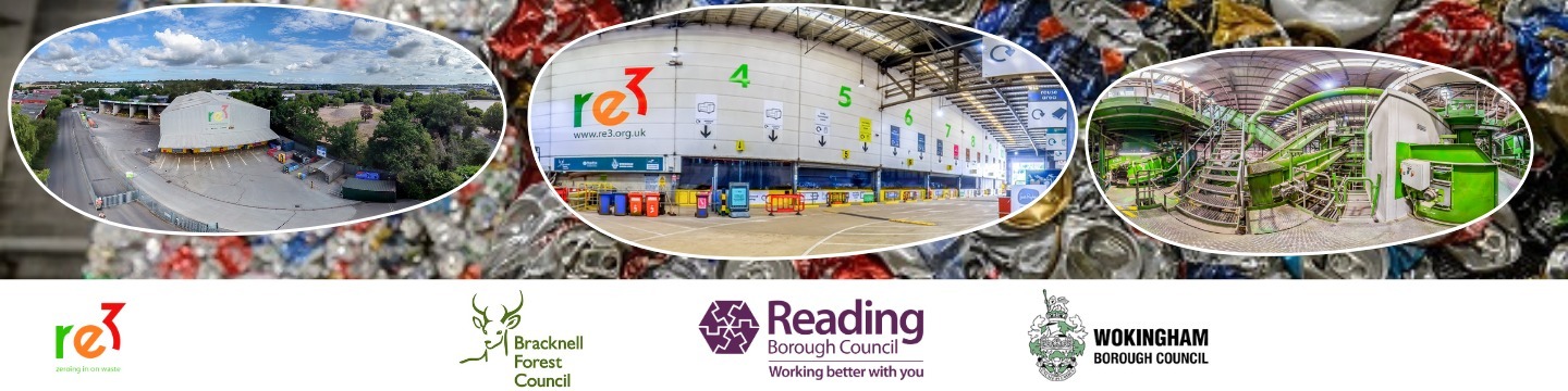 Image of local recycling facilities and logo of re3, Bracknell Forest, Reading Council and Wokingham Boroughs 