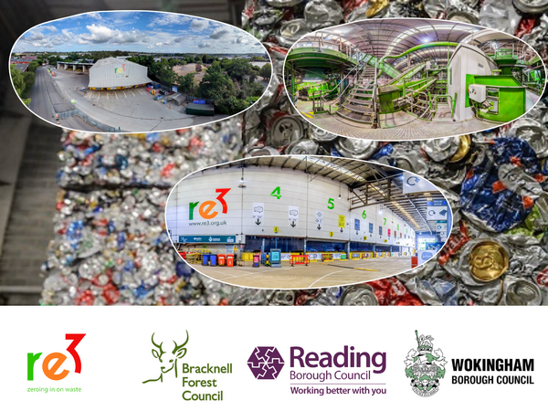 Image of local recycling facilities and logo of re3, Bracknell Forest, Reading Council and Wokingham Boroughs 